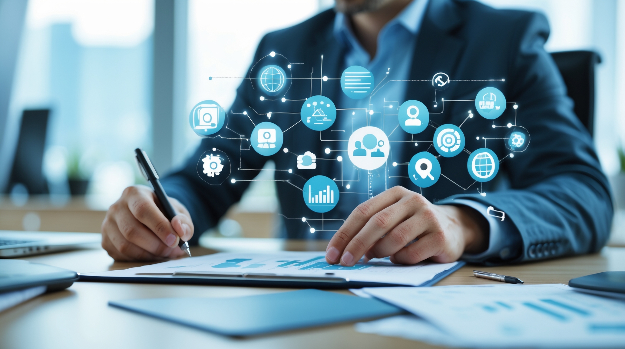 Geschäftlicher Arbeitsprozess mit digital vernetzten Funktionen als Sinnbild für Automatisierung