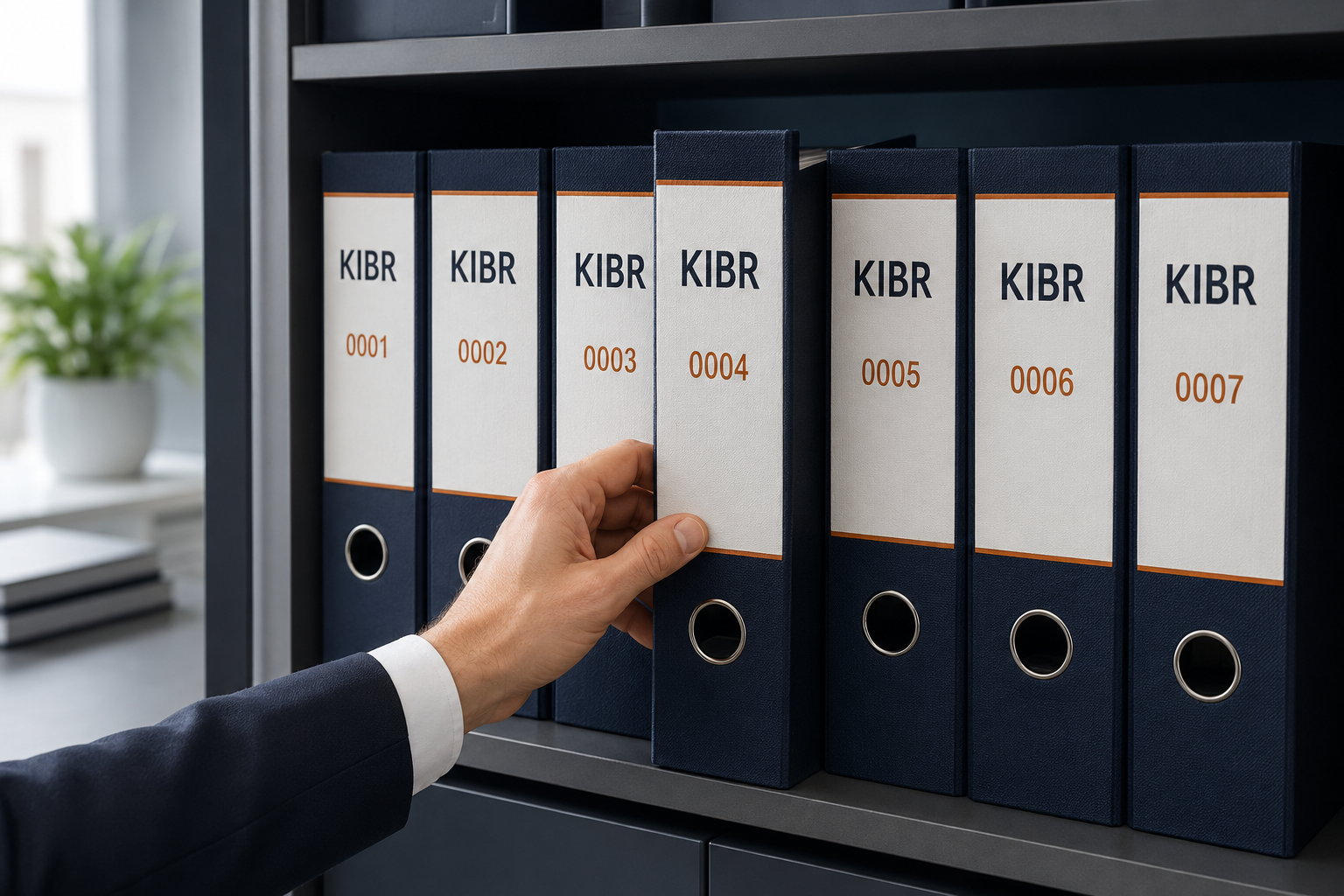 Hochwertiges Archivregal mit nummerierten KIBR-Projektordnern, aus dem ein Referenzordner entnommen wird